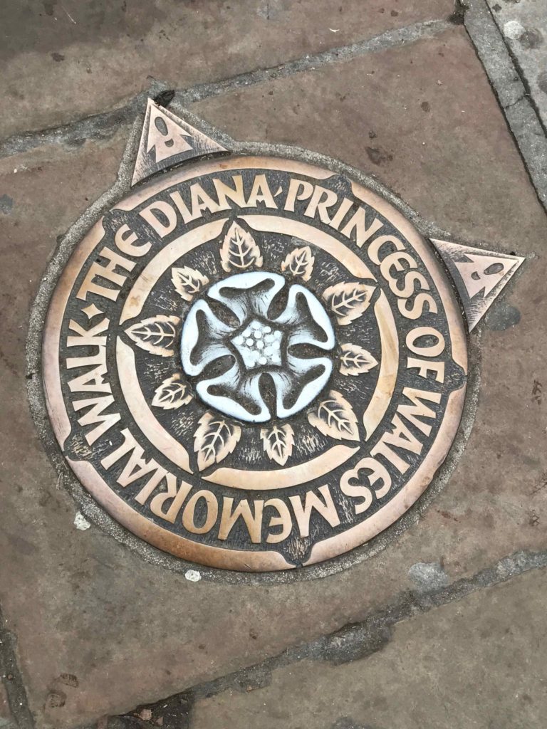 These memorial markers are under foot around Buckingham Palace and The Mall showing you the direction of the memorial route. London, Dec. 2016