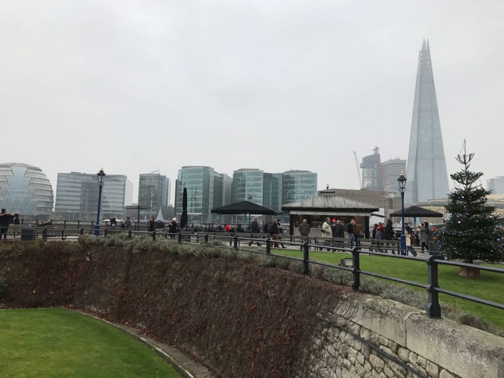 Looking north across the Thames from the Tower of London. The round building on the left is City Hall, with the Shard on the far right. Dec. 2016.