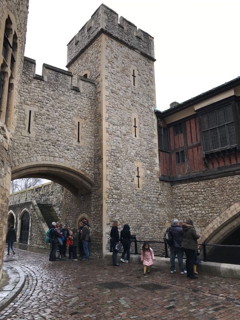 Interior tower with typical defensive slits for archers. Tower of London, Dec. 2016.