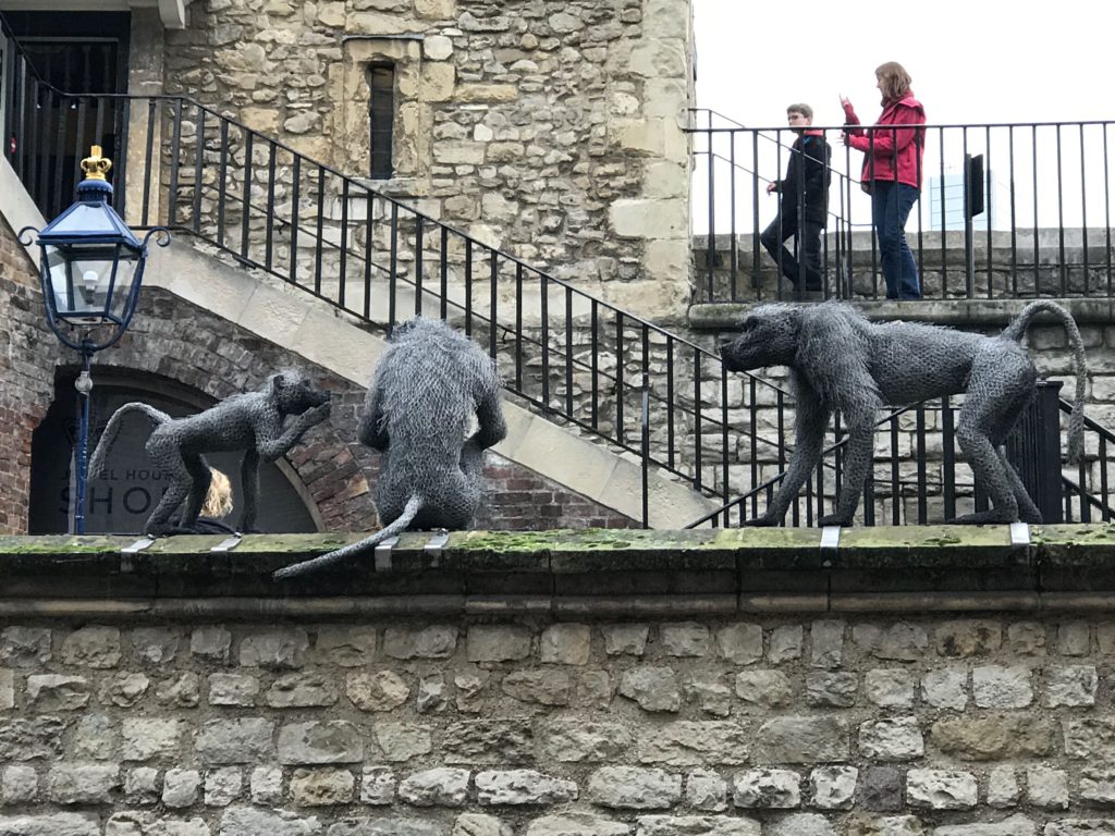 Wire monkey sculptures within the Tower of London. Dec. 2016.