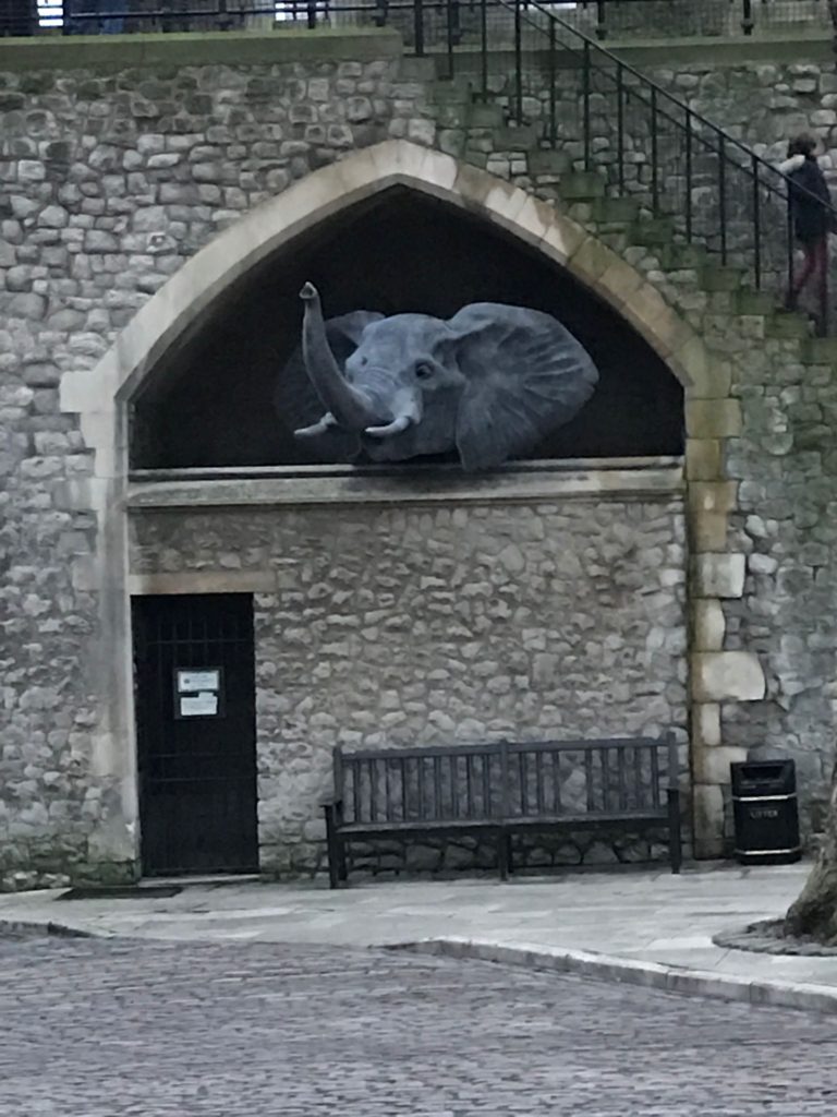 Wire elephant sculpture within the Tower of London. Dec. 2016.