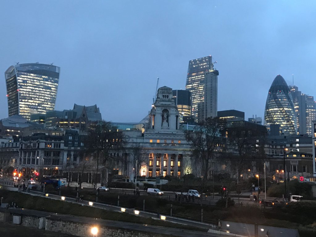 The Port of London Authority building and London skyline at dusk. Dec. 2016.
