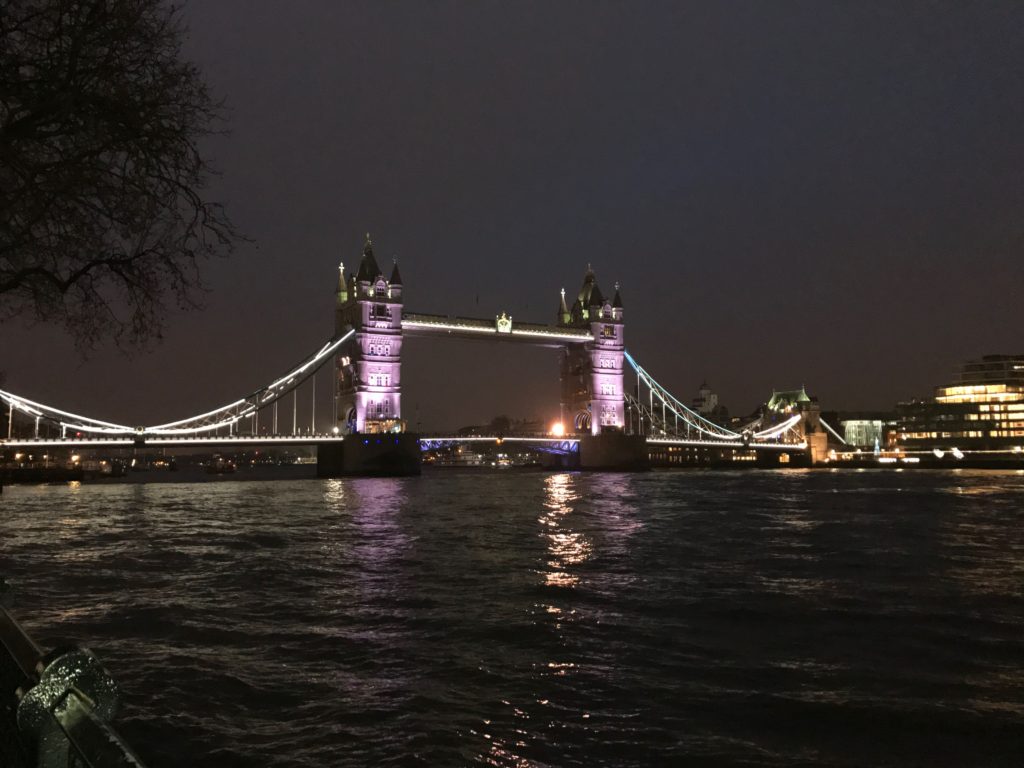 Tower Bridge at night from the Tower of London. Dec. 2016.