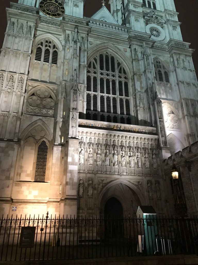 Westminster Abbey illuminated at night. London, Dec. 2016.