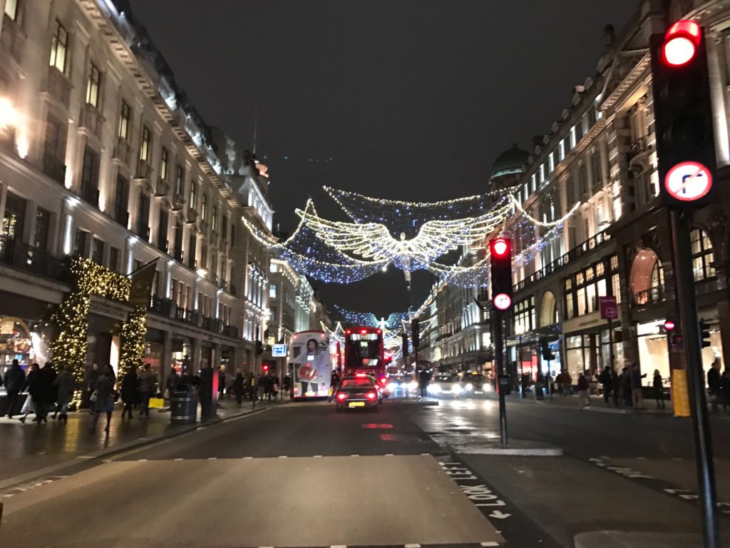 Christmas light displays in a shopping district. London, Dec. 2016.