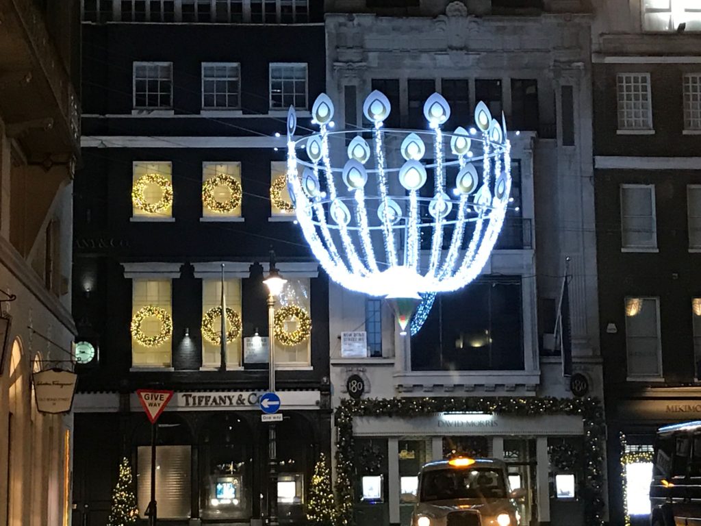 Christmas light displays in a shopping district. London, Dec. 2016.