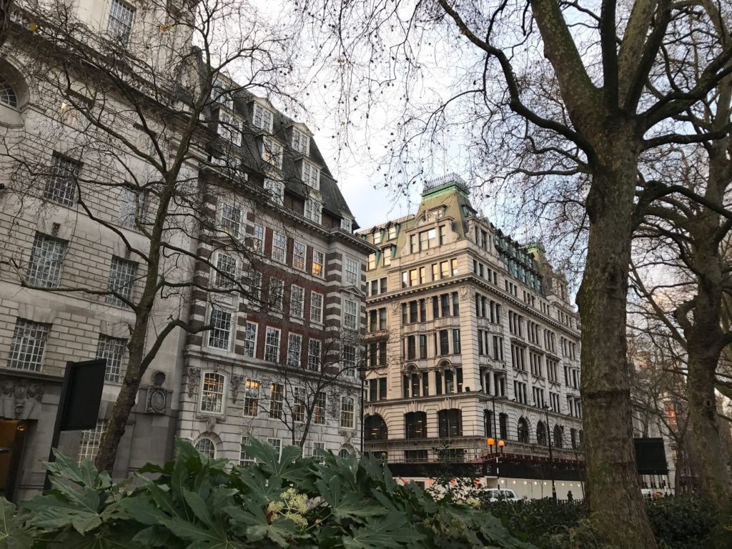 Beautiful buildings lining Milbank across from the Victoria Tower Garden. London, Dec. 2016.