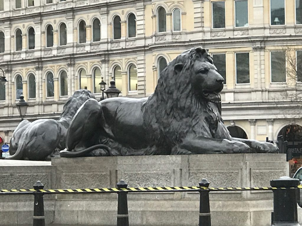 Trafalgar Square with its famous lions. London, Dec. 2016.
