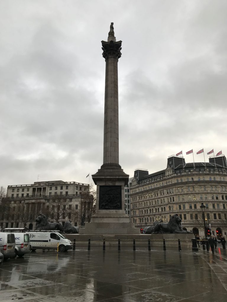 Trafalgar Square with its famous lions. London, Dec. 2016.