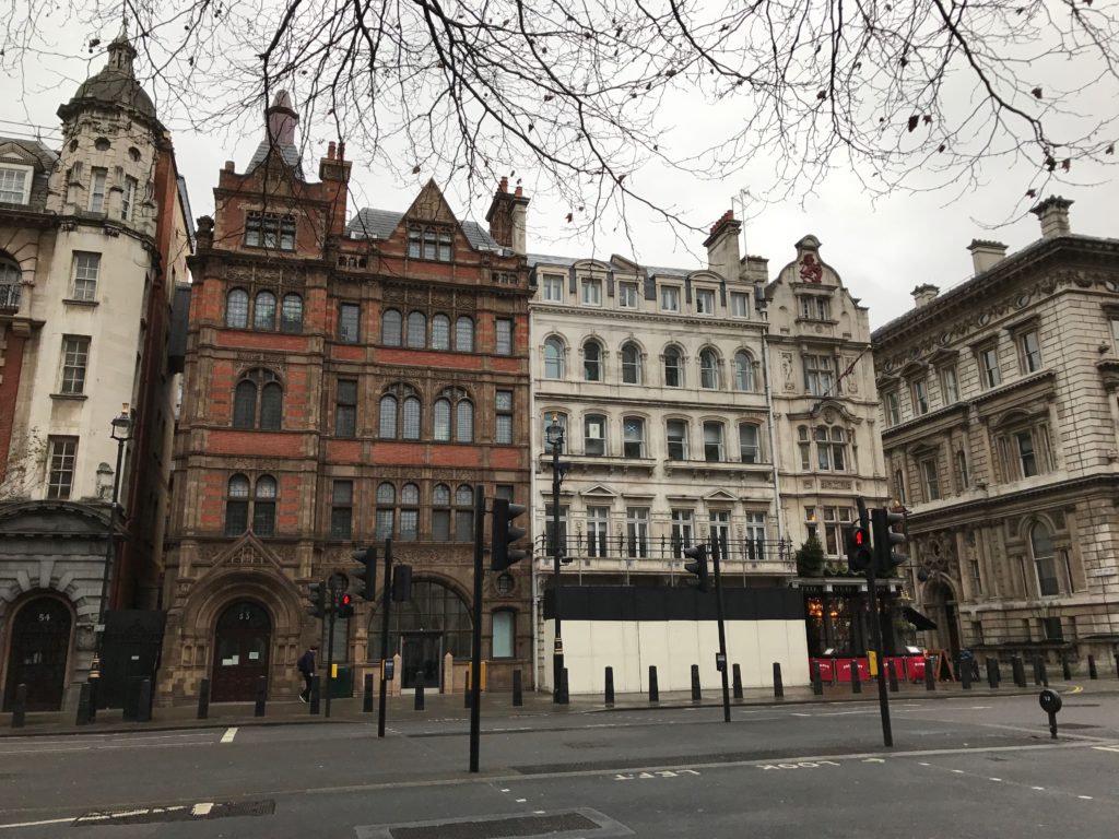 Various beautiful architectural styles around Parliament Square. London, Dec. 2016.