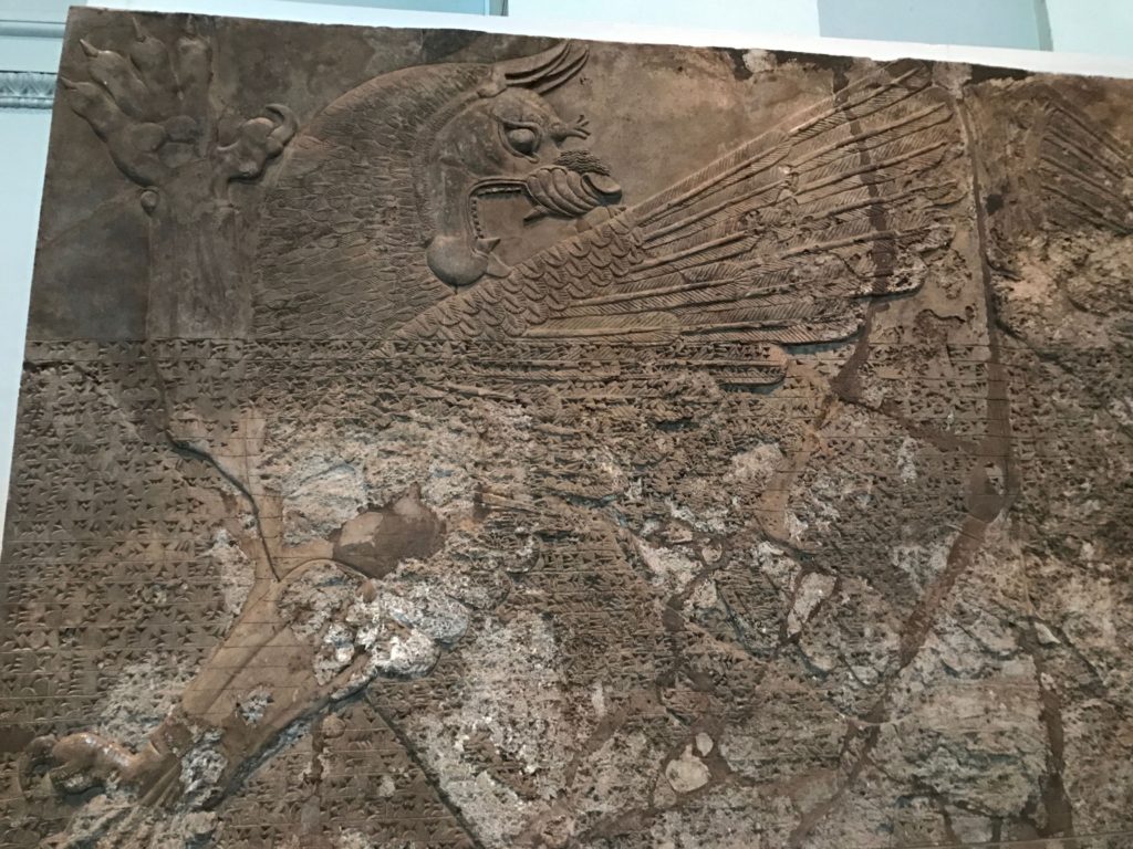 Persian/Assyrian Gallery. Many of the carvings in this gallery were covered in cuneiform like this one. British Museum. London, Dec. 2016.