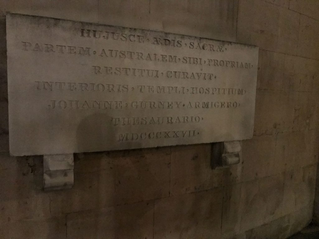 Plaque on the Temple Church dedicated to John Gurney who preserved part of the structure circa 1827. London, Dec. 2016.