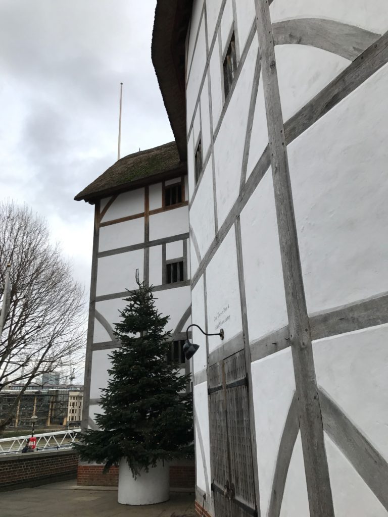 Exterior of The Globe Theater with traditional Tudor construction which includes goat's hair in the plaster. London, Dec. 2016.