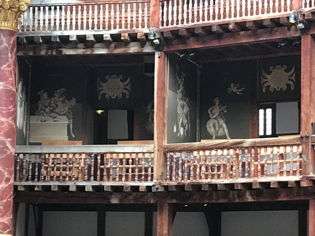 Detail of "Gentleman's Galleries"-the seats cost more and had poor views of the stage, but allowed the visitors to be seen by the audience, which was the whole point of the going to the theater at the time. The Globe Theater, London, Dec. 2016.
