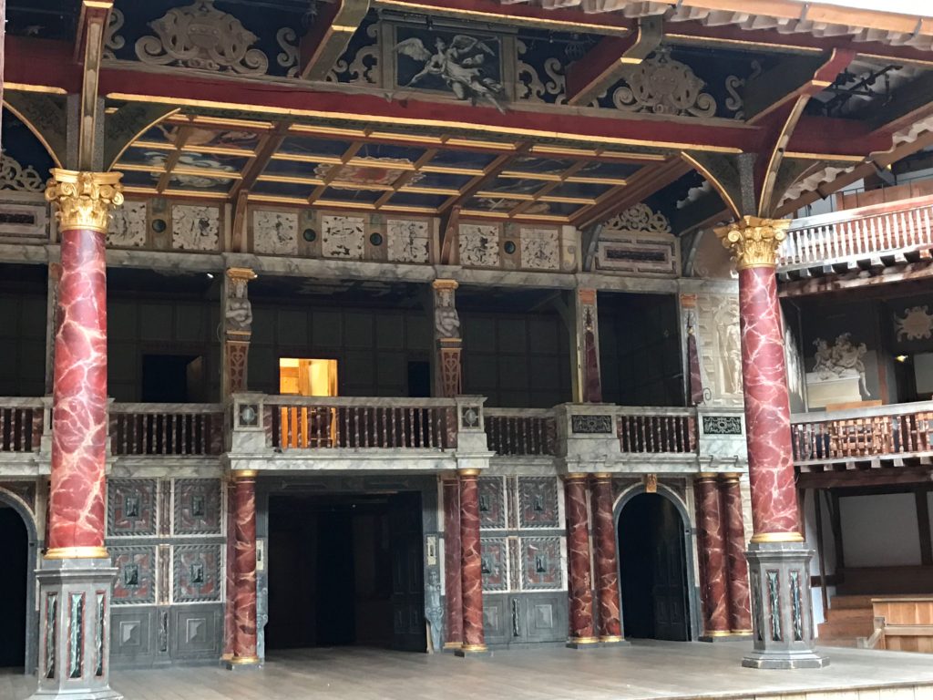 Detail of the stage with "Gentlemen's Gallery" to the right. The Globe Theater, London, Dec. 2016.