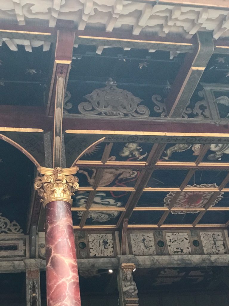 Detail of woodwork on the stage. The Globe Theater, London, Dec. 2016.