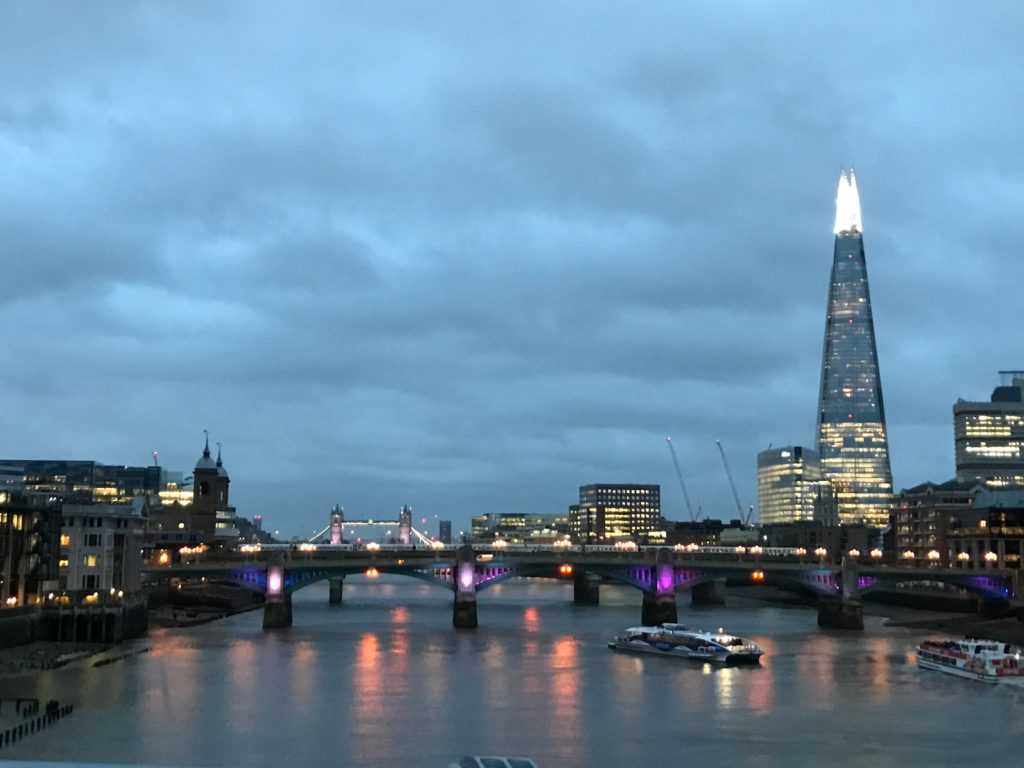 View from the Millennium Bridge looking east toward the Southwark Bridge, The Shard and Tower Bridge. London, Dec. 2016.